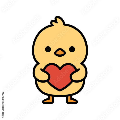 Charming chick holds a heart in a delightful cartoon illustration, expressing love and warmth.
