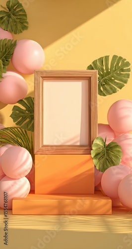 Wooden frame on orange pastel podium with soft pink balloons green leaves, warm peach yellow gradient background for social media advertising and product packaging design.