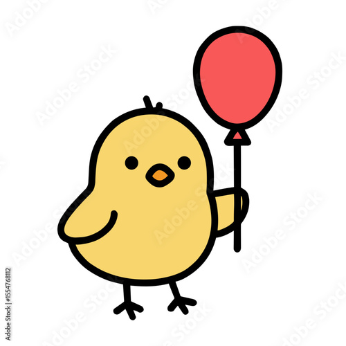 A cheerful cartoon chick joyfully clutches a vibrant red balloon, radiating a sense of innocent happiness and celebration. vector illustration