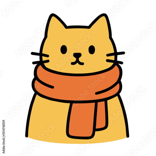 A charming, cartoon cat, wrapped in a warm orange scarf, embodies cozy comfort. The simple illustration radiates a sense of warmth, making it perfect for any project. vector illustration
