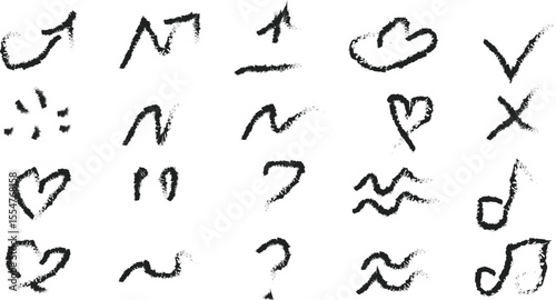 Various hand drawn doodle symbols and shapes arranged on white page