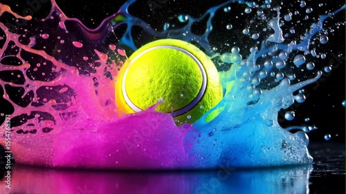 tennis ball with color splashing on black background	