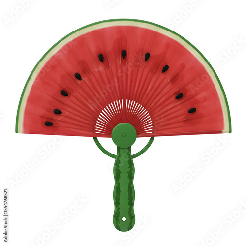 Watermelon-themed hand fan with a green handle, isolated on a white background