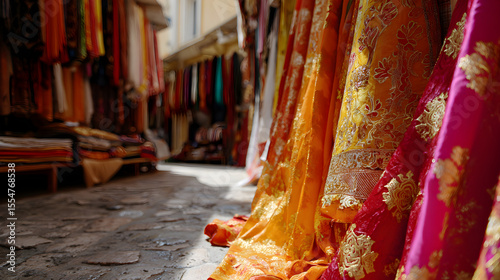Golden-threaded silk fabrics adorning traditional marketplace stalls, revealing intricate textile craftsmanship of South Asian cultural artisans
