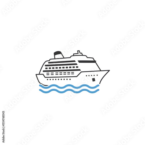 Minimalist cruise ship icon with blue waves on a clean white background