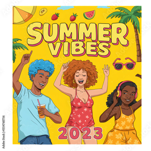 Vibrant Summer Vibes Illustration Featuring Dancing People, Fruits, and Sunglasses