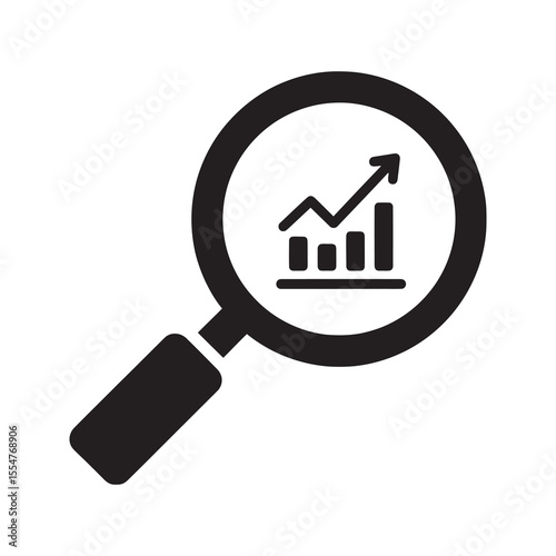Data analysis search icon with magnifying glass over a bar chart for reviewing business intelligence reports and market research statistics vector solid glyph icon