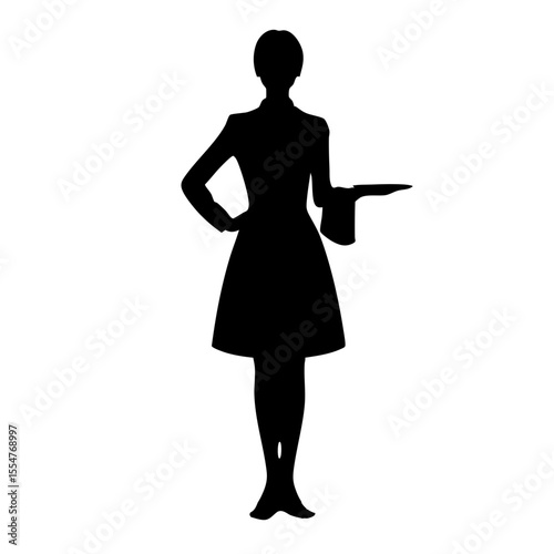 Silhouette of a woman waiter holding a tray in formal attire  