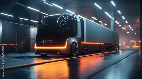 Futuristic electric truck transporting goods in a modern logistics center