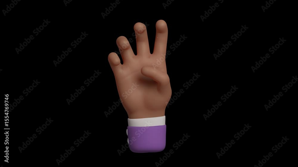 Seamless 4K loop of black hand counting numbers four gesture in purple sleeve. 3D emoji cartoon animation render with alpha transparent background