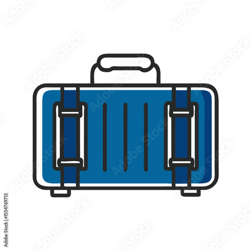 Blue travel suitcase with handle and clasps in flat design  