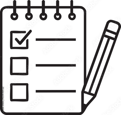 Simple Black and White Illustration of a Checklist with One Item Checked and a Pencil Beside It Ready to Mark More