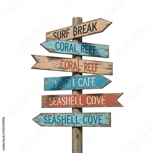 Weathered Wooden Signpost Directing to Surf Break, Coral Reef, and Beach Destinations