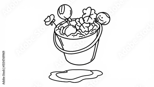 A simple cartoon bucket filled with balls and flowers, playful design, outlined illustration, copy space