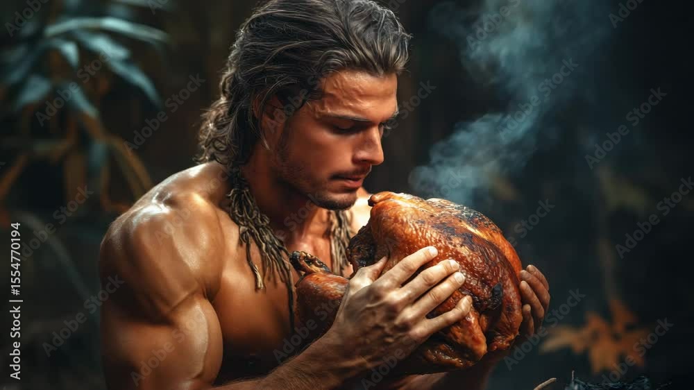 A primitive looking man inhales the aroma of roasted poultry with pleasure. The theme of survival, nature and wild life. Man completely absorbed in the moment of enjoying food in a natural environment
