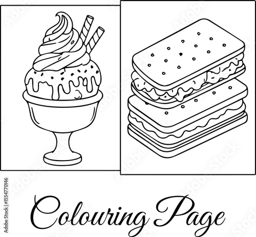 Dessert Combo Sundae Cookies, Sweet Treats Coloring Page, ice cream sundae and stacked cookies