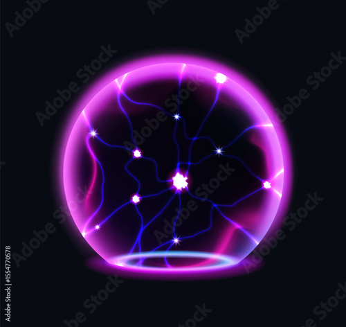 3D sphere. Glowing protective shield. Electric light spackles. Neon energy flash dome. Geometric round shape. Abstract circle bubble. Iridescent orb. Light purple shine. Vector futuristic ball element