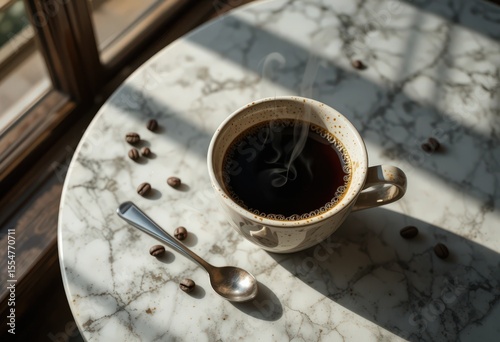 Steaming cup of black coffee with beans on marble table in morning light.