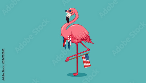 Vector art of pink flamingo celebrates fourth of july with american flag and sunglasses