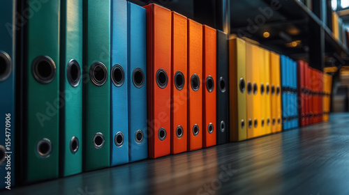 neat row of red green blue and orange folders in modern office, organized business environment 