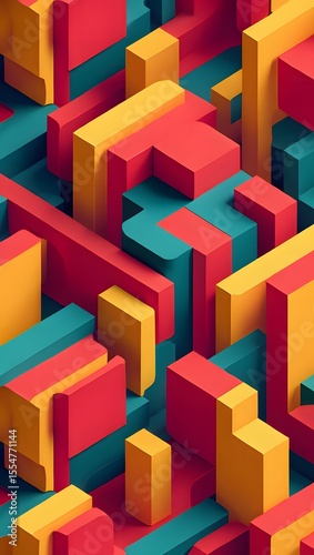 Abstract 3D Isometric Red Yellow Teal Geometric Shapes Background Pattern Design