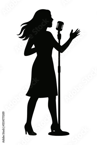 Female Singer Silhouette with Microphone on Stand Isolated on White 