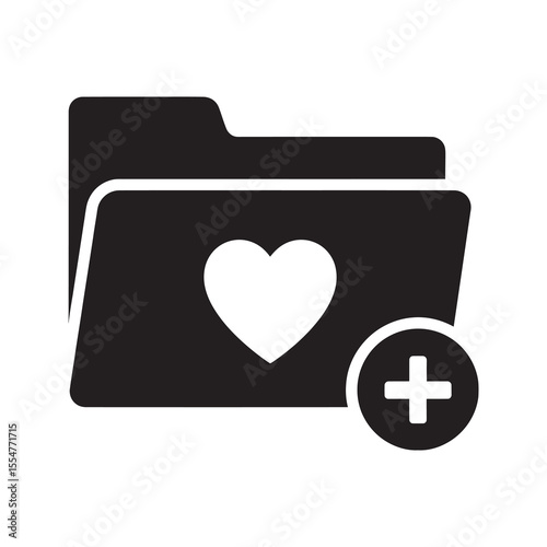 Add to medical favorites icon with a folder a heart and a plus sign for saving patient records or preferred health services vector solid glyph icon