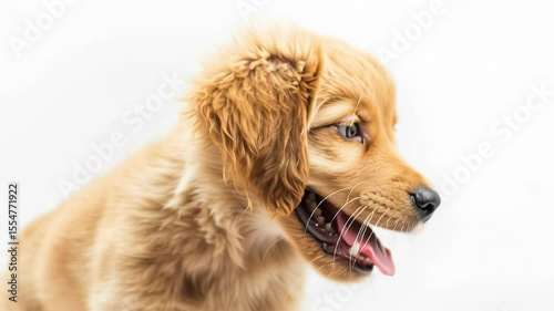 happy golden retriever puppy with playful expression against a soft white background, showcasing innocence and joy in a portrait setting