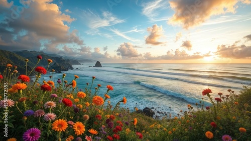 Golden Hour Blooms:  Coastal Scene at Dawn
