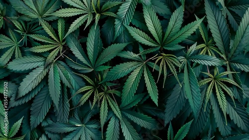 lush green cannabis leaves creating a vibrant pattern, showcasing the detailed textures and shapes of marijuana foliage in a natural setting