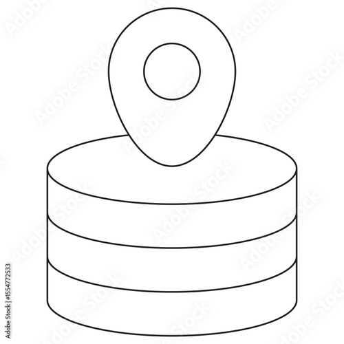 Data Location icon. Vector pictogram with thin black lines on transparent background. Stroke weight is editable. Shows a database with a geolocation pin symbol