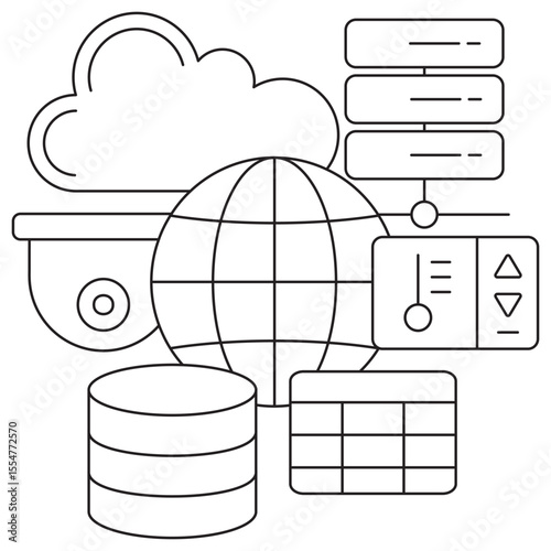 IoT & Cloud Data Sources icon. Vector pictogram with thin black lines on transparent background. Line thickness is editable. Shows cloud, database, globe, server, camera, and control panel