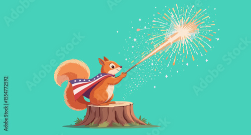 Vector art of cartoon squirrel holding sparkler on fourth of july celebration
