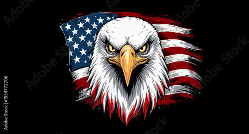 Vector art of detailed eagle head with american flag on black background
