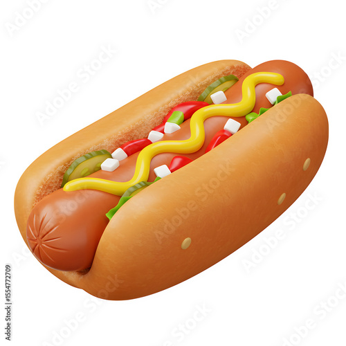 Delicious 3D Rendered Hot Dog with Mustard, Relish, and Ketchup