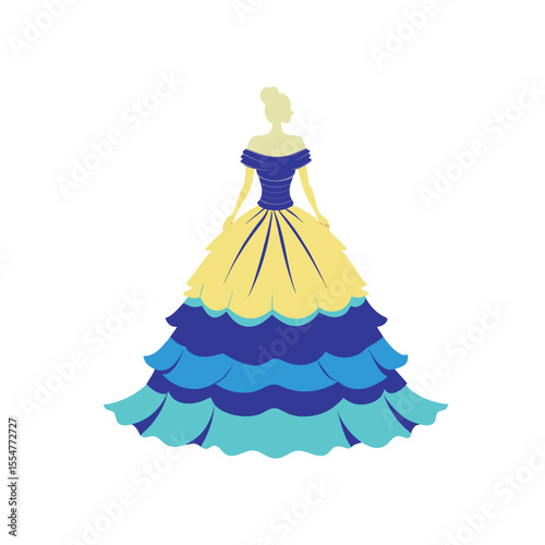 Silhouette of luxury bridal gown with layered ruffles and off-shoulder neckline, classic wedding fashion icon in vector style in Adobe Illustrator Artwork