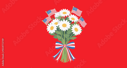 Vector art of daisies and american flags tied with patriotic ribbon on red background