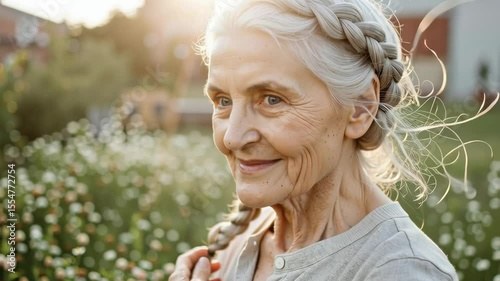 Elderly woman with braided hair smiling in sunlit garden, surrounded by blooming flowers, enjoying nature and peaceful moments in her golden years.
