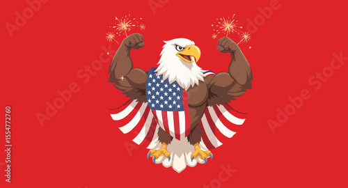 Vector art of muscular eagle with american flag and fireworks on red background