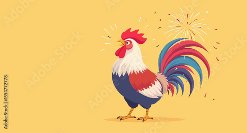 Vector art of patriotic rooster crowing with fireworks on yellow background