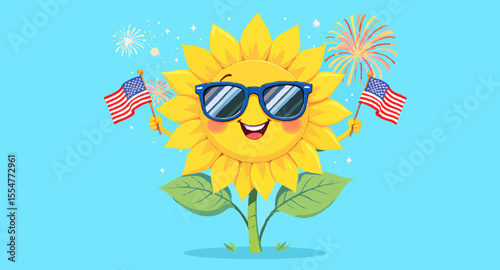 Vector art of cartoon sunflower waving american flags with fireworks in background