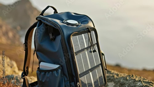 stylish solar-powered backpack resting on rocky terrain at sunset, showcasing sustainability and outdoor adventure