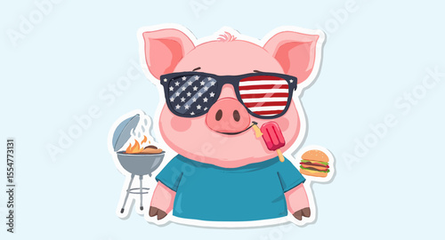 Vector art of cartoon pig with sunglasses celebrates fourth of july isolated