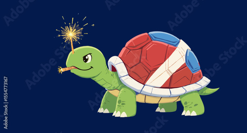 Vector art of cartoon turtle holds a sparkler in its mouth on a blue background