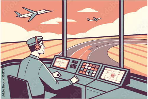 Air traffic controller in control tower guiding planes on radar screens