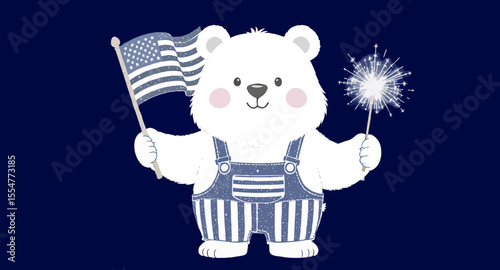 Vector art of cartoon bear holds a flag and sparkler for a patriotic celebration