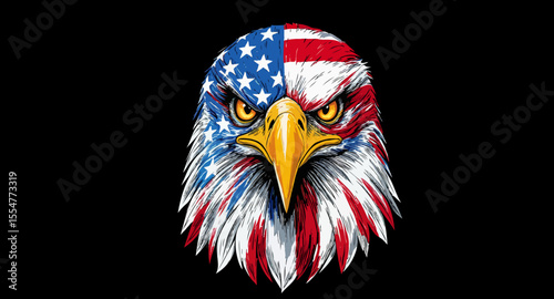Vector art of american eagle with flag colors stares intensely on a black background
