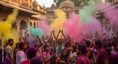 Colorful Holi festival scene in India with people throwing powder and celebrating – vibrant cultural tradition.