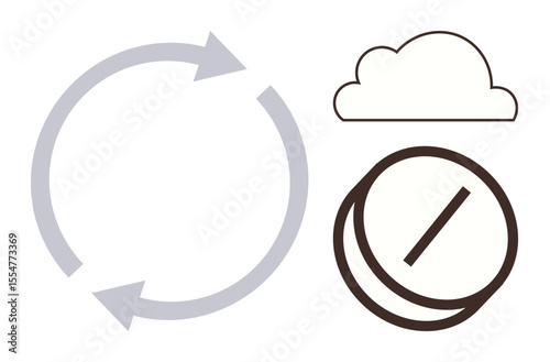 Circular arrows indicating recycling or renewal, a cloud suggesting storage or information, and a pill representing medical innovation. Ideal for health, sustainability, drug development, cloud tech