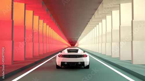 Sleek white sports car drives through a futuristic tunnel with glowing red and yellow lights on one side and white on the other